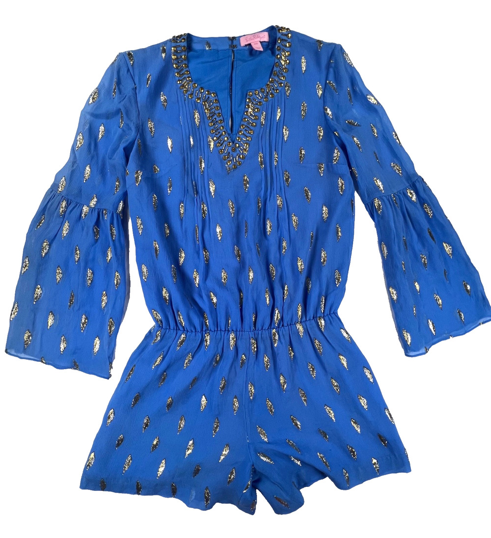 Lilly Pulitzer Ariele Bennet Blue Silk Diamond LS Romper (Women's XXS) MSRP $218